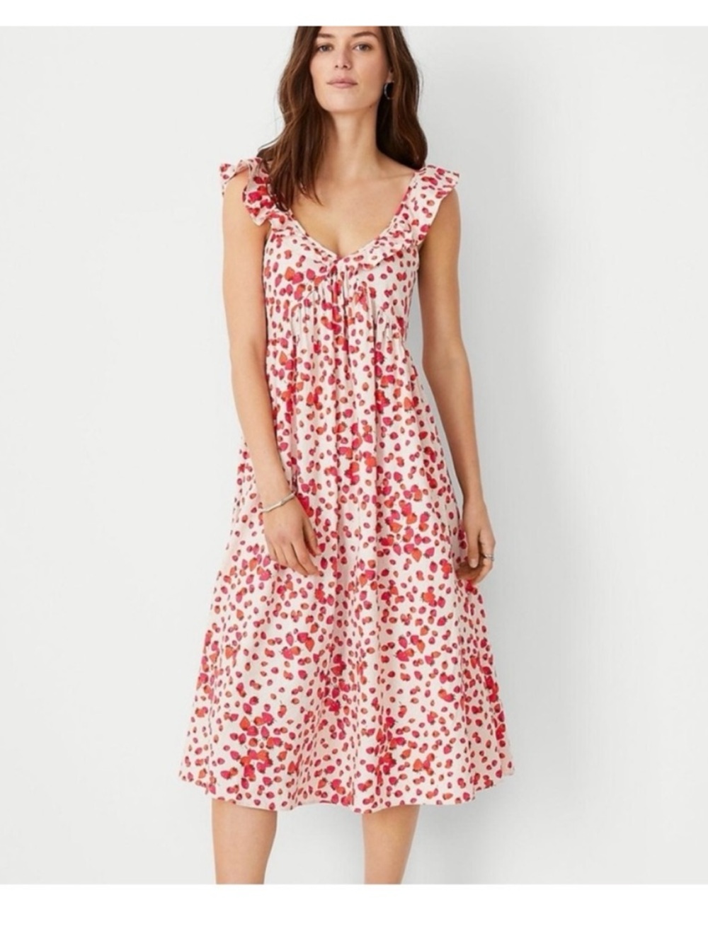 NWT Ann Taylor Strawberry Print Linen Blend Ruffle Sleeve Midi Dress 8